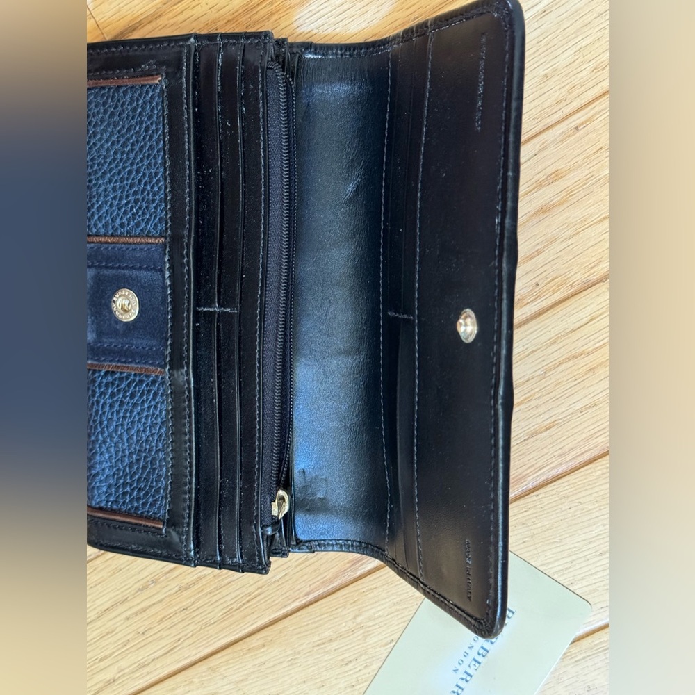 Burberry Prosum bronze Metallic Piping Navy Suade Leather Luxury Wallet VTG - Picture 12 of 16